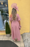 Lexi Bardot on off shoulder dip hemline midi skater dress dusty pink