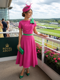 Kate Bow shoulder tea length dress in fuchsia and green