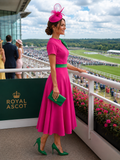 Kate Bow shoulder tea length dress in fuchsia and green