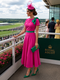 Kate Bow shoulder tea length dress in fuchsia and green