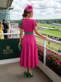 Kate Bow shoulder tea length dress in fuchsia and green