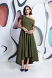 Kristina flare dip hem midi dress by Kevan Jon in Olive Green
