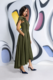 Kristina flare dip hem midi dress by Kevan Jon in Olive Green