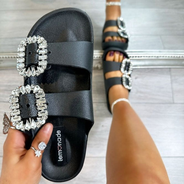 Cammy Diamante double buckle sliders sandals black – Deja Elite