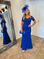 Roisin royal blue Bardot crossover maxi dress
