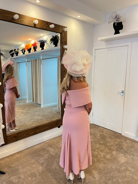 Beth blush pink Bardot dip hemline midi dress Deja Elite Boutique Beth blush pink Bardot dip hemline midi dress Deja Elite Boutique