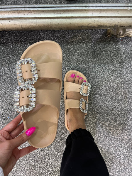 Cammy Diamante double buckle sliders sandals black – Deja Elite Boutique