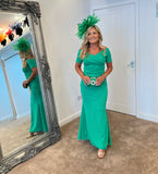 Roisin green Bardot crossover maxi dress