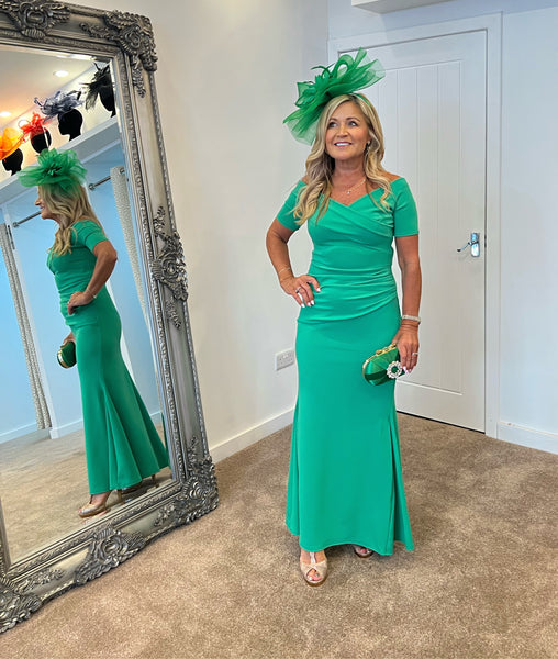 Roisin green Bardot crossover maxi dress Deja Elite Boutique Roisin green Bardot crossover maxi dress Deja Elite Boutique