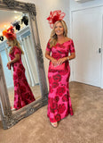 Roisin red and fuchsia Bardot crossover Bardot dress