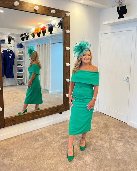 Beth green Bardot dip hemline midi dress Deja Elite Boutique Beth green Bardot dip hemline midi dress Deja Elite Boutique