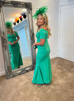Roisin green Bardot crossover maxi dress