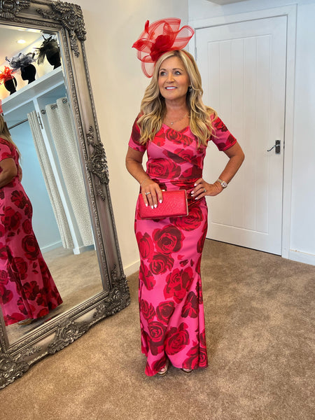 Roisin red and fuchsia Bardot crossover Bardot dress Deja Elite Boutique Roisin red and fuchsia Bardot crossover Bardot dress Deja Elite Boutique