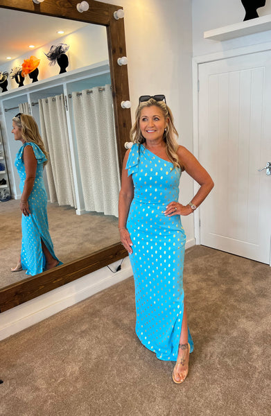 Nancy gold spot turquoise one shoulder Bow detail maxi dress Deja Elite Boutique Nancy gold spot turquoise one shoulder Bow detail maxi dress Deja Elite Boutique