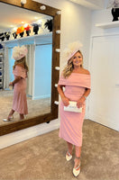Beth blush pink Bardot dip hemline midi dress