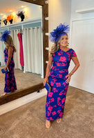 Anita blue, fucshia floral print side split maxi dress