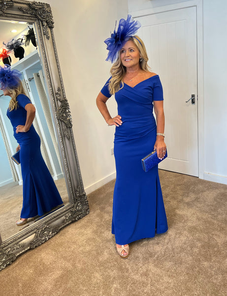 Roisin royal blue Bardot crossover maxi dress