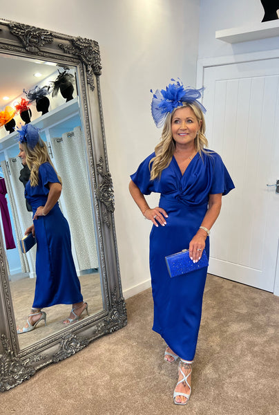 Angel sleeve satin twist midi dress royal blue Deja Elite Boutique Angel sleeve satin twist midi dress royal blue Deja Elite Boutique