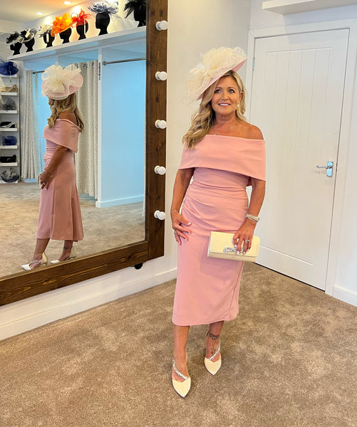 Beth blush pink Bardot dip hemline midi dress Deja Elite Boutique Beth blush pink Bardot dip hemline midi dress Deja Elite Boutique