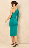 Jade green one shoulder slinky midi dress with side split - wedding guest, races, ladies day dress