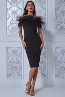 Feather finesse bardot bodycon midi dress - black