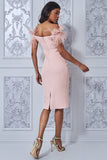 Feather finesse bardot bodycon midi dress - blush pink