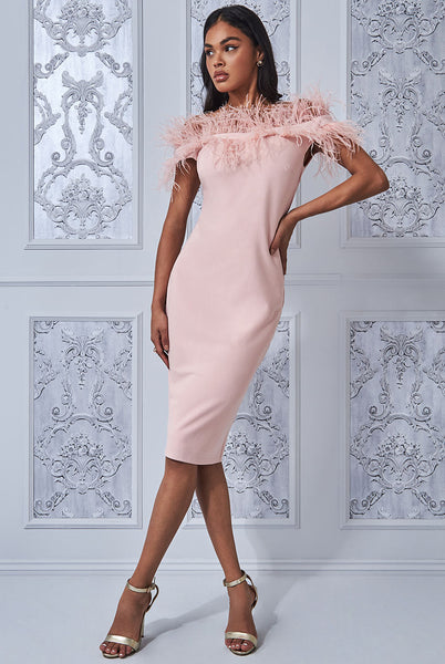 Feather finesse bardot bodycon midi dress - blush pink