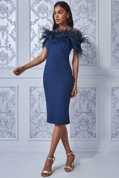 Feather finesse bardot bodycon midi dress - navy Deja Elite Boutique Feather finesse bardot bodycon midi dress - navy Deja Elite Boutique