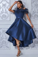 Gina off shoulder feather high low dress - navy