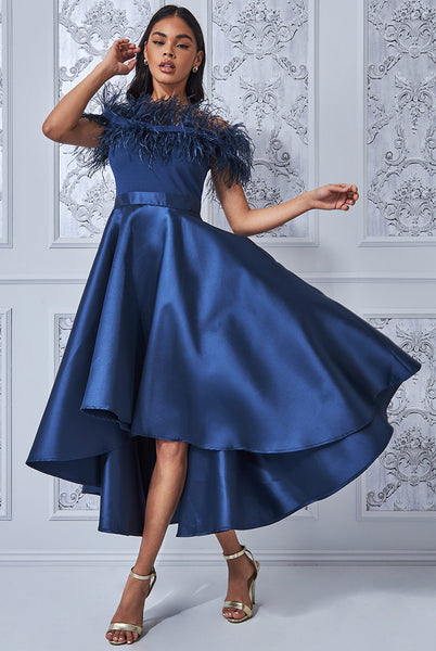 Gina off shoulder feather high low dress - navy