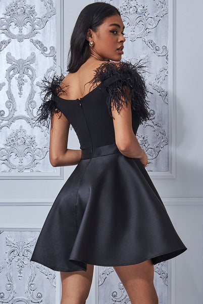 feather skater dress Starry Eyed Premium Embellished Trim Mini Skater Dress With Faux Feather Hem In Black