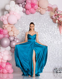 Tiffany’s Moana A line satin split prom dress ballgown