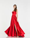 Tiffany’s Moana A line satin split prom dress ballgown