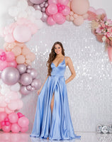 Tiffany’s Pandora A line satin split prom dress