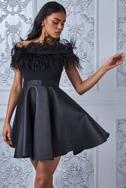 Sara off shoulder feather skater dress - black Deja Elite Boutique Sara off shoulder feather skater dress - black Deja Elite Boutique