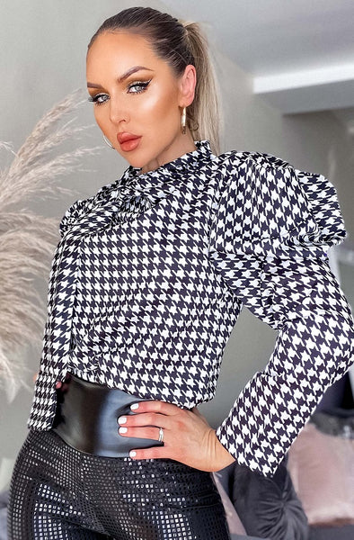 Dogtooth pussy bow blouse - one size fits 6-14