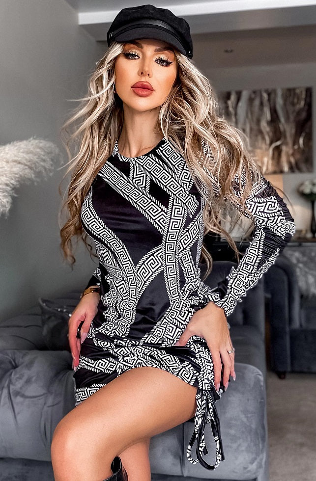 Luna grecian pattern slinky fabric dress