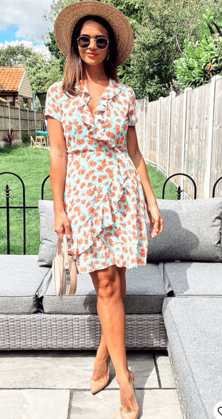 Tayler mint and coral ruffle  wrap dress