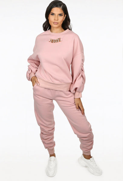 Chain detail ruched sweatshirt  and joggers set - rose pink