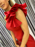 Sacha red one shoulder ruffle scuba dress