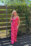 Red and pink wide leg zebra print jumpsuit