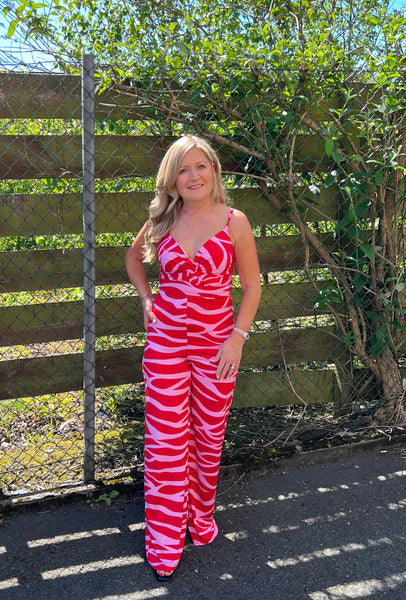 Red and pink wide leg zebra print jumpsuit Deja Elite Boutique