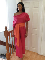 Jordan cowl neck or off shoulder jumpsuit fuchsia  and coral