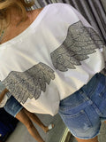 ‘Fly with me’ oversize sparkle Angel wings T shirt