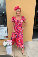 Lilian sweetheart neckline hot pink floral split midi dress