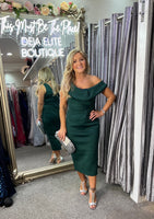 Sasha Bardot on off shoulder scuba midi dress in Hunter green