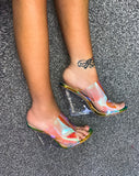In the clear snake print gold  Perspex wedges