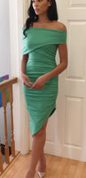 Gina green bardot ruched shoulder dress