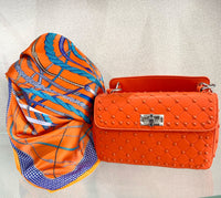 Silk blend bright scarf - orange, royal rope  print