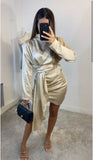 Don’t ‘give a glam’ long sleeve satin ruched mini dress - champagne